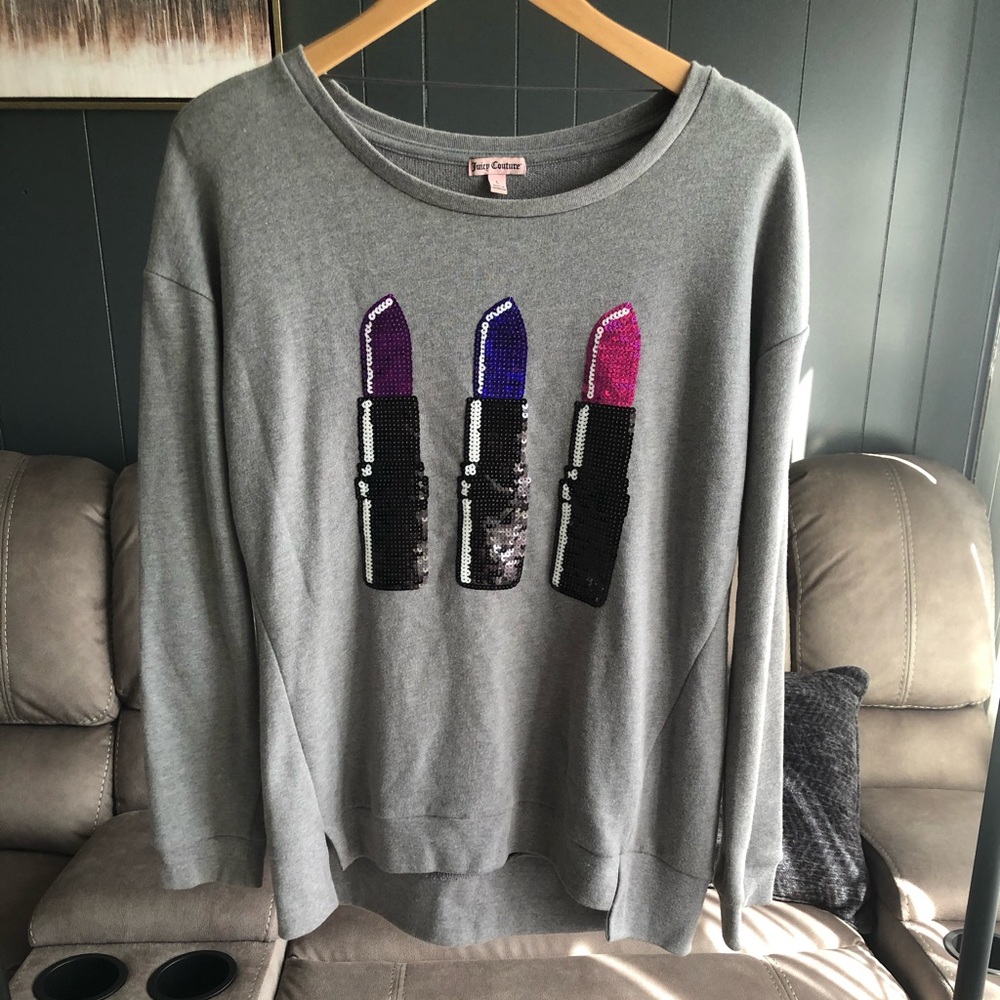 Juicy Couture Women’s Sequins Lipsticks Grey Crewneck Sweatshirt Size:L